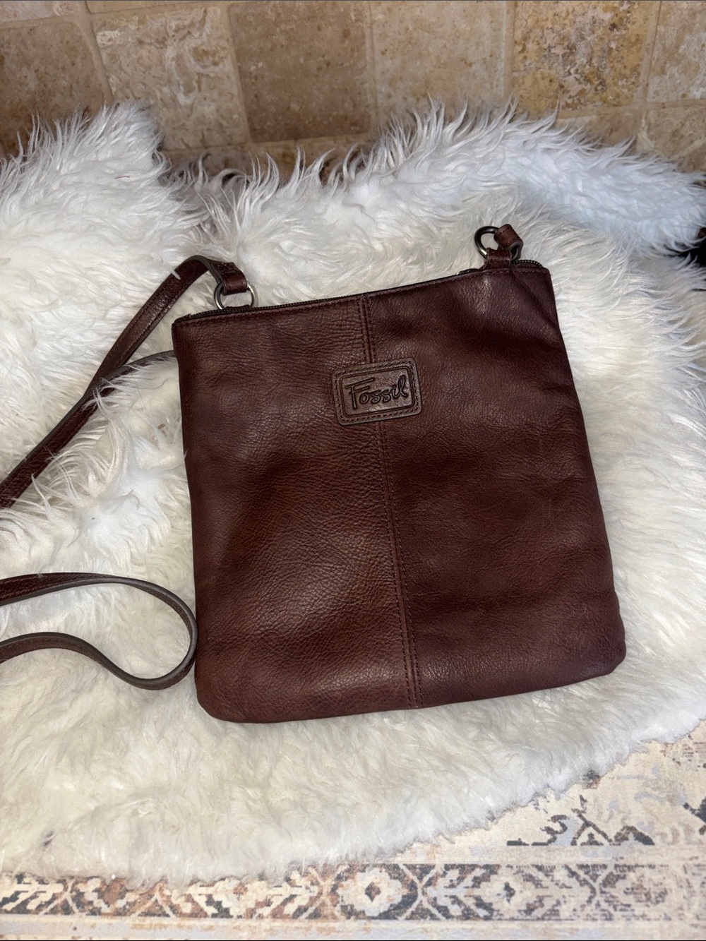 Fossil Classic Brown Leather Crossbody Organizer Purse Vintage Messenger Bag